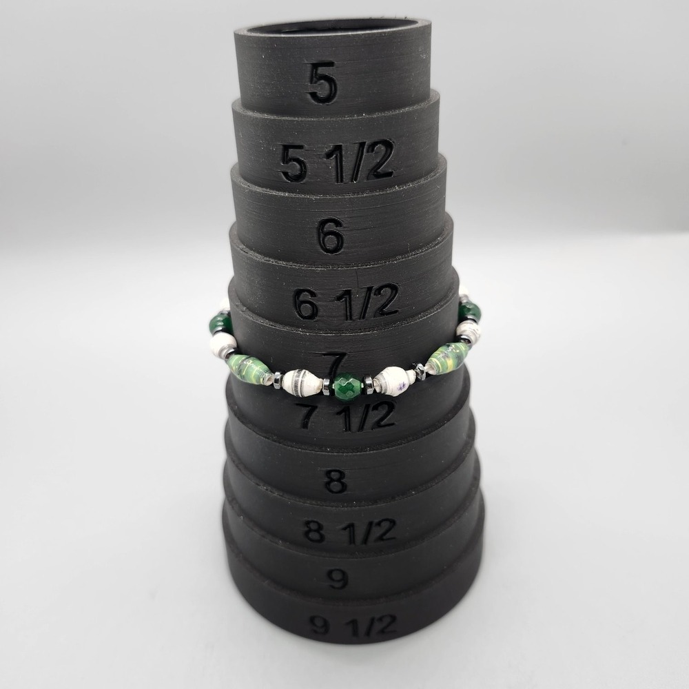 Artisan Green White Paper Beaded Stretch Bracelet 7" Faceted Glass Stone